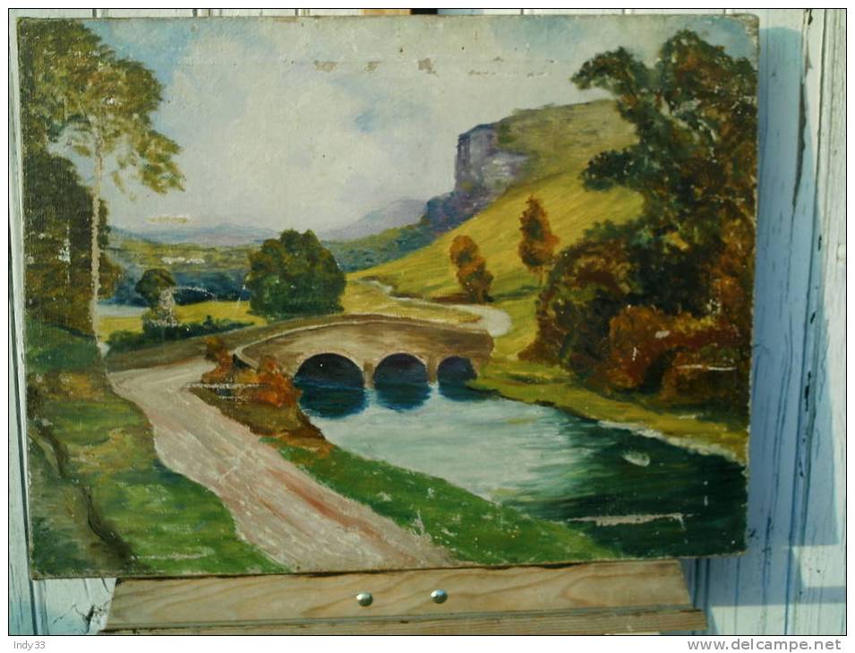 - PAYSAGE AVEC UN PONT . HUILE SUR TOILE NON SIGNEE . DATE 1921 AU DOS - Oils