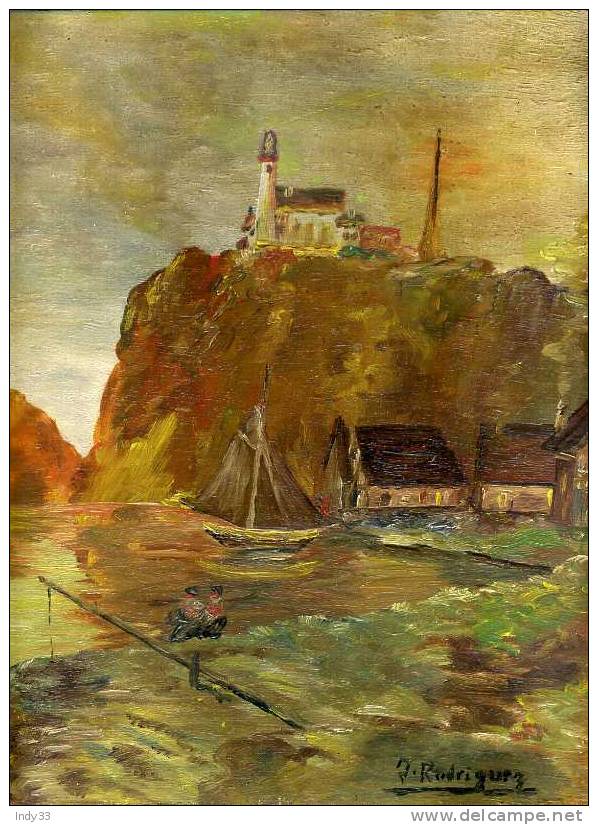 - PETIT PORT DE PECHE AVEC UNE FALAISE ET UN PHARE . HUILE SUR CONTRE-PLAQUE  SIGNEE . - Olieverf