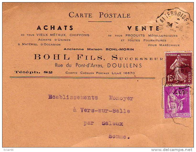 80  DOULLENS    Carte  Lettre Année1937 Des Ets  BOHL FILS,Successeur De BOHL  MORIN  Rue Du Pont D'Arras,Doullens - Doullens