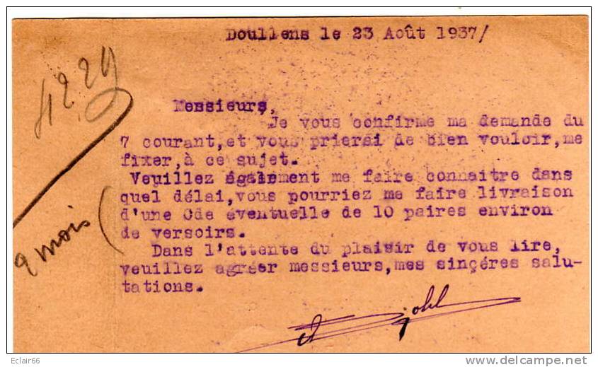 80  DOULLENS    Carte  Lettre Année1937 Des Ets  BOHL FILS,Successeur De BOHL  MORIN  Rue Du Pont D'Arras,Doullens - Doullens