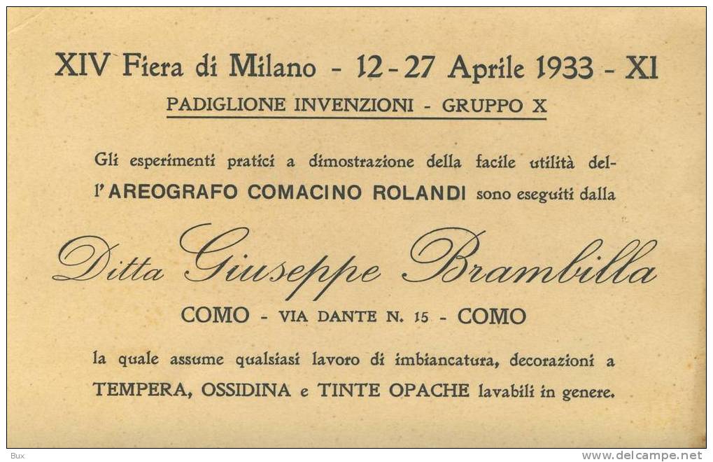 XIV FIERA DI MILANO 12 27 APRILE 1933  DITTA BRAMBILLA COMO  CARTONCINO DA VISITA CONDIZIONI FOTO ITALY ITALIE - Kermissen