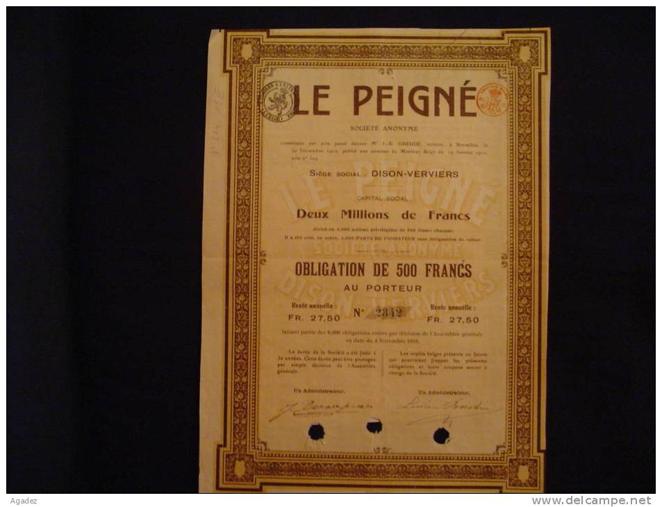 Obligation " Le Peigné " Dison Verviers 1911 Textile Bon état.. - Textile