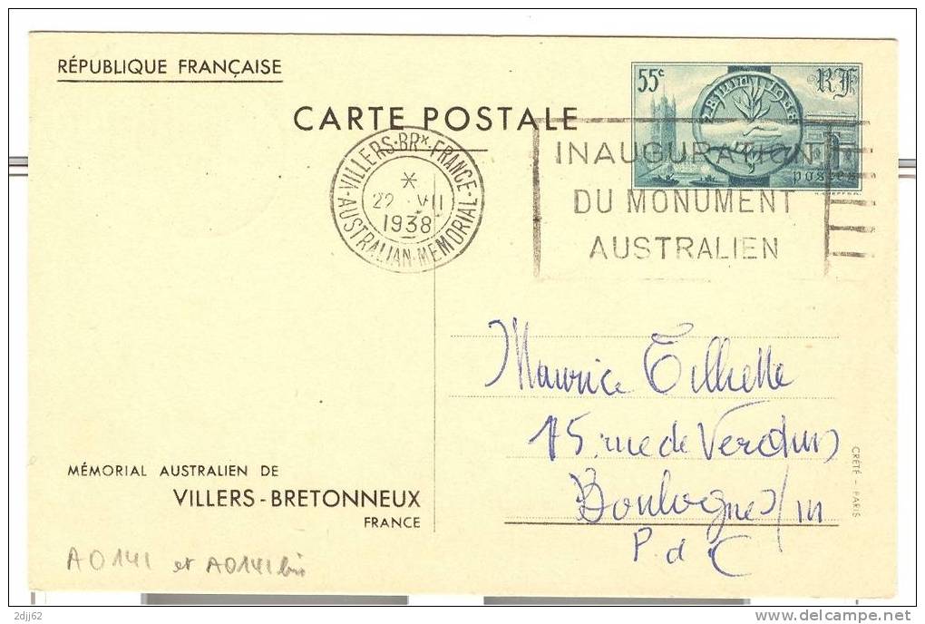 Villers-Bretonneux, 1938, Australie, Paris, Londres -Entier Postal Commémoratif  (2images)  (141) - WW1