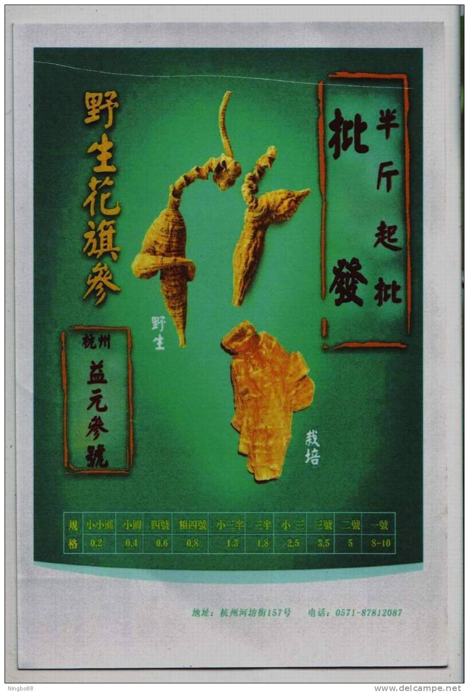 Wild American Ginseng,health Medicine,drug,China 2008 Hangzhou Yiyuan Drugstore Advertising Pre-stamped Card - Drogen