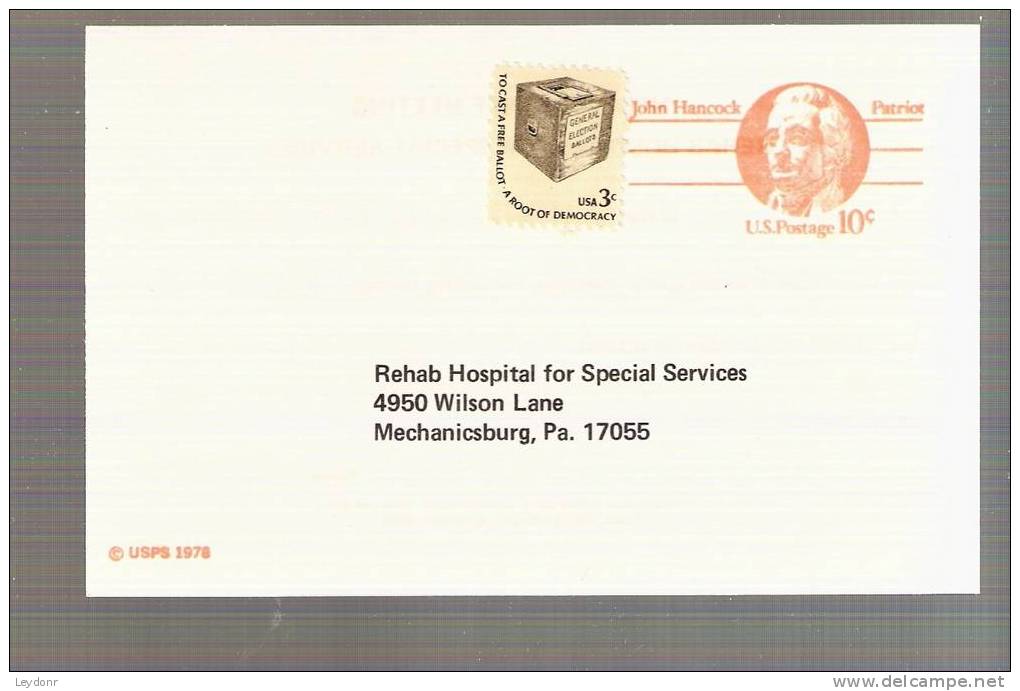 John Hancock - Postal Card - Scott # UX75 Rehab Hospital For Special Services, Mechanicsburg, PA - 1961-80
