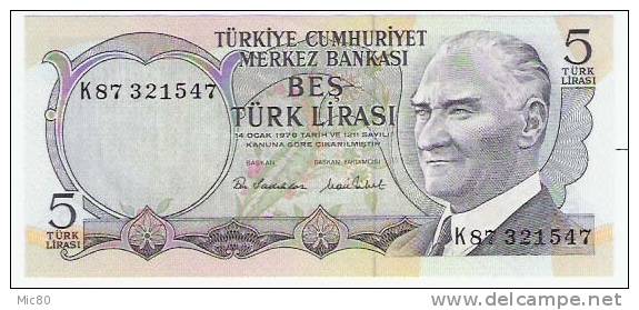 Turquie Billet 5 Lirasi 1970 NEUF - Turquie