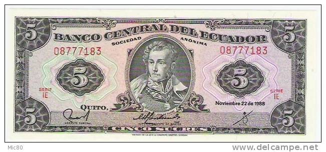 Equateur Billet 5 Sucres 22/11/1988 NEUF - Equateur