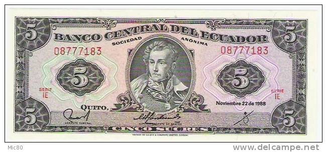 Equateur Billet 5 Sucres 22/11/1988 NEUF - Ecuador