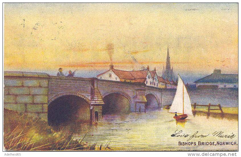 Norwich Aquarelle Bishops Bridge 1905 Philadelphia Postmark, US-stamp Publ. Ettlinger - Norwich