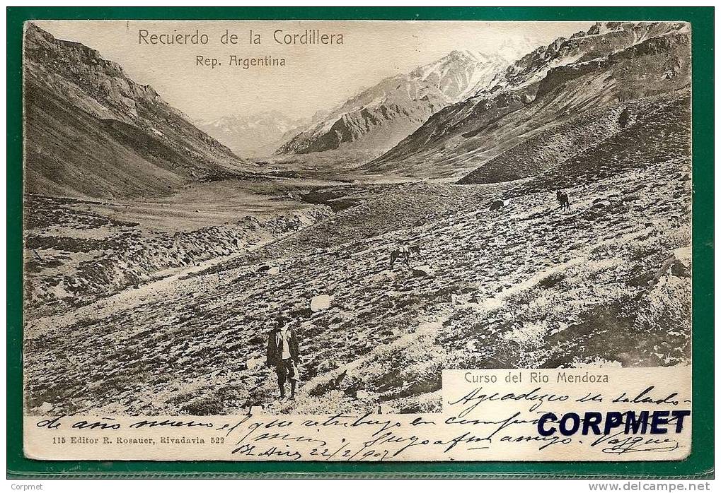 ARGENTINA - CORDILLERA DE LOS ANDES -Curso Rio Mendoza - Paisano Y Caballos- 1907 POSTCARD A CALDAS DE REYES, PONTEVEDRA - Argentina