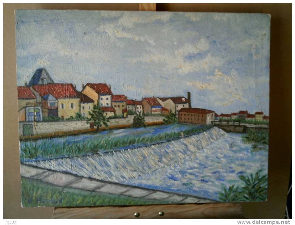 - FRANCE 33 .  VUE DE COUTRAS (GIRONDE) . HUILE SUR TOILE  SIGNEE TITREE ET DATEE 1958 - Huiles