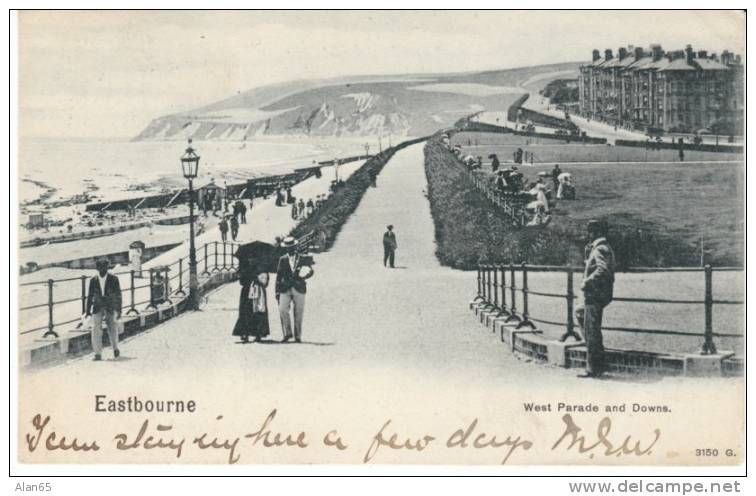 Eastbourne, West Parade And Downs, Antique Postcard - Eastbourne