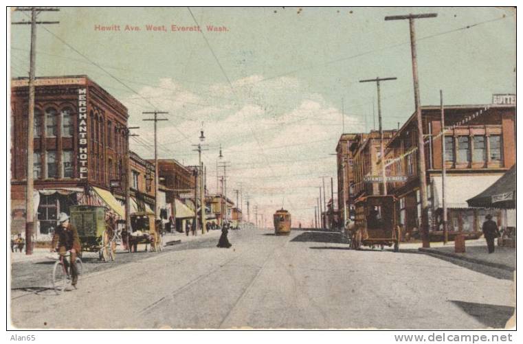 Everett WA, Hewitt Avenue Street Scene With Bicycle, Street Car, Delivery Wagons, 1908 Vintage Postcard - Sonstige & Ohne Zuordnung