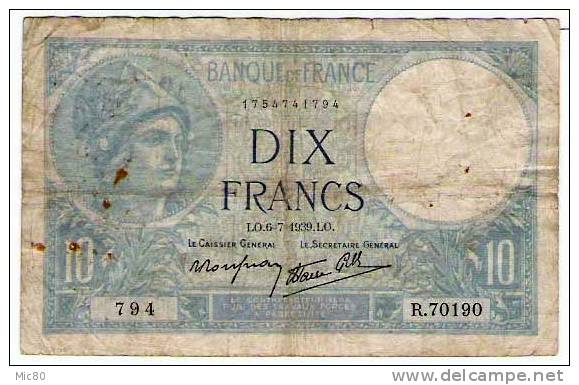 Billet 10F Minerve Type Modifié 6/7/1939 Tb - 10 F 1916-1942 ''Minerve''