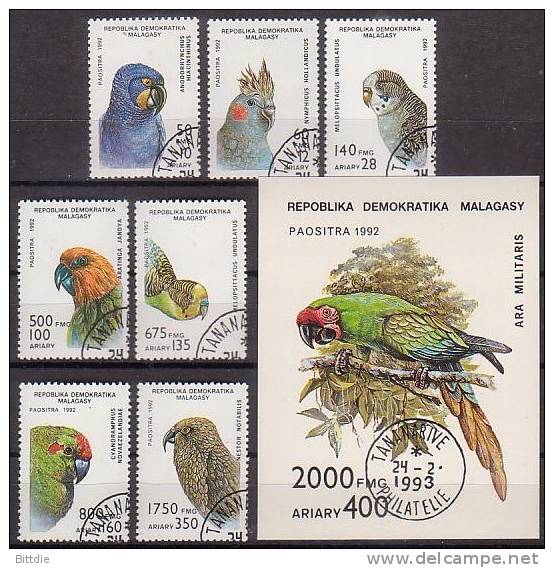 Papageien, Madagaskar 1423/29+Bl.209 , O  (2420)* - Perroquets & Tropicaux