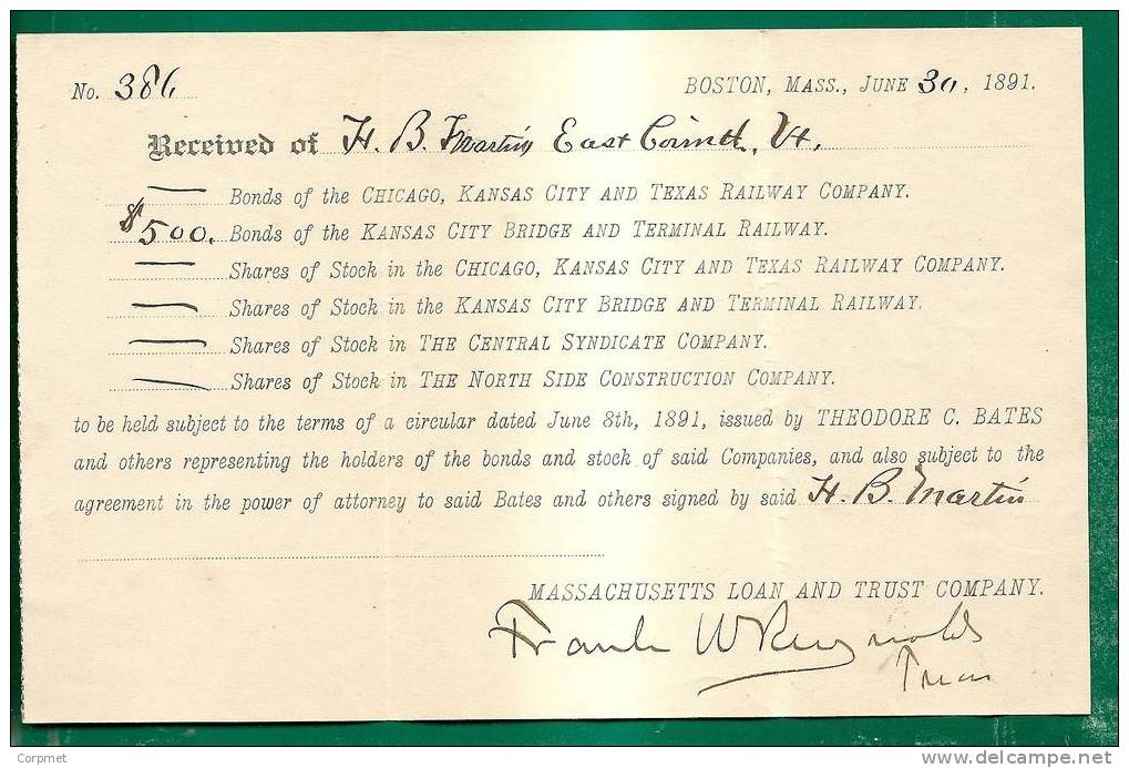 US - VF 1891 RECEIPT From MASSACHUSETTS LOAN And TRUST COMPANY - Boston, Mass - Purchase Of BONDS Of KANSAS CITY Railway - United States