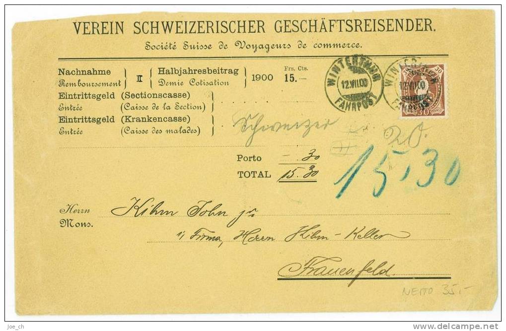 Stehende Helvetia 1900 25 Rp Auf Nachnahmebrief Nach Frauenfeld, 3 Scans, Verein Schweizerischer Geschäftsreisender - Covers & Documents