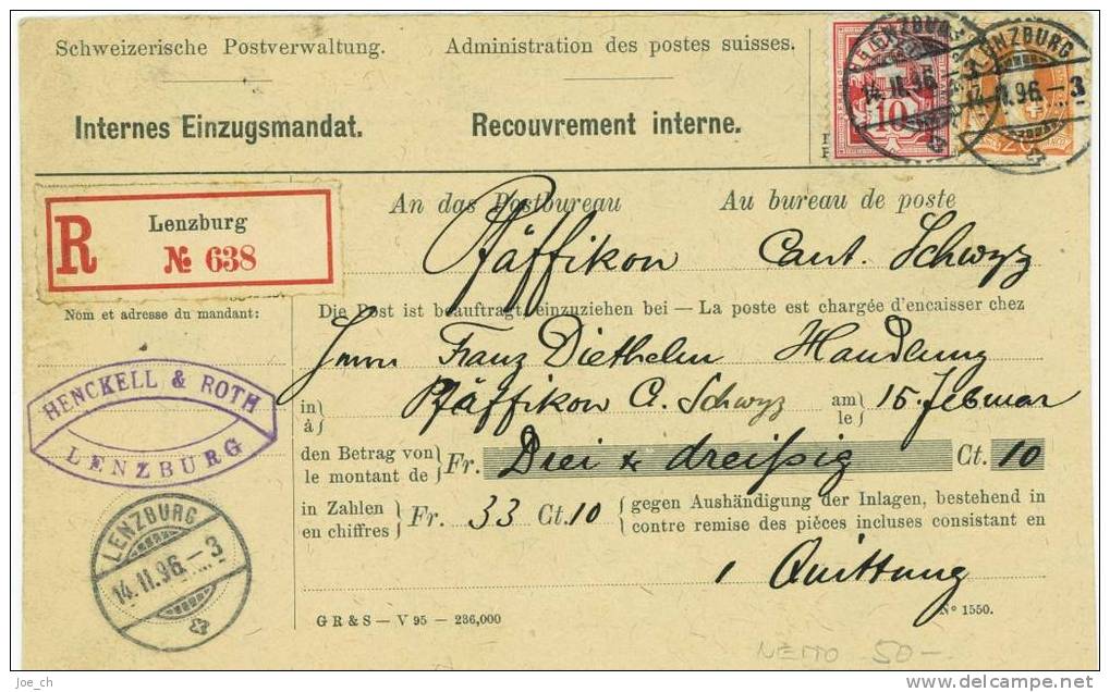 Stehende Helvetia/Ziffer Mischfrankatur 1896 Auf Einzugsmandat, 3 Scans, Henkel & Roth, Lenzburg - Storia Postale