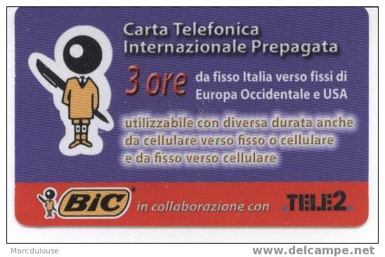 Bic In Collaborazione Con Tele 2. Carta Telefonica Internazionale Prepagata 3 Ore. 5 Euros. - Publicidad