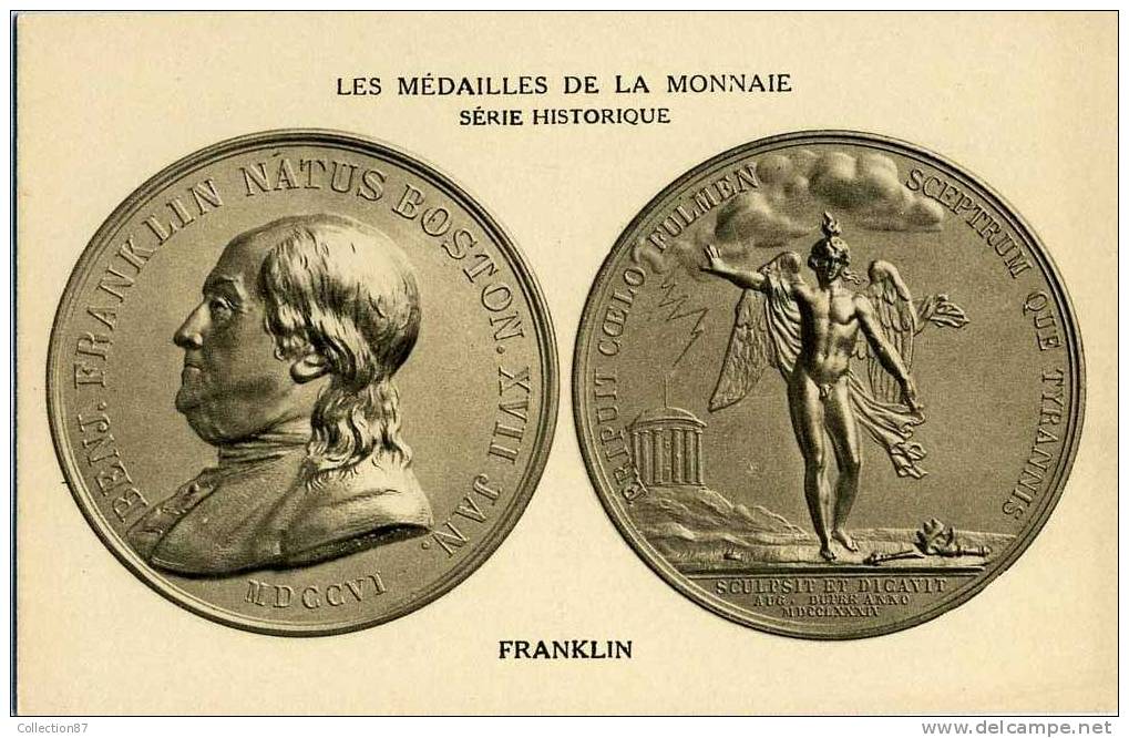 CARTE " LES MEDAILLES De La MONNAIE " - BENJAMIN FRANKLIN - INVENTEUR & FRANC MACON - HOMME NU - VOIR DOS - Coins (pictures)