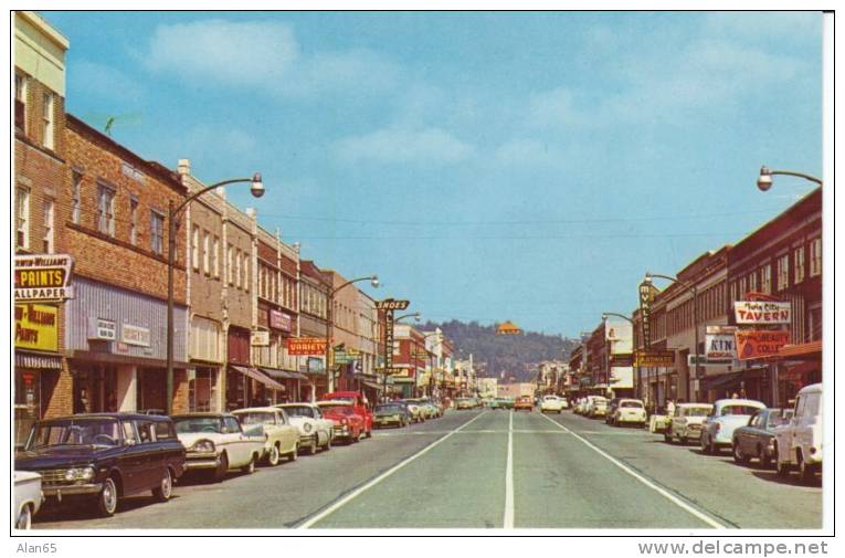 Longview WA, Chrome Street Scene Postcard, 1950s/60s Vintage US Autos, Tavern - Sonstige & Ohne Zuordnung