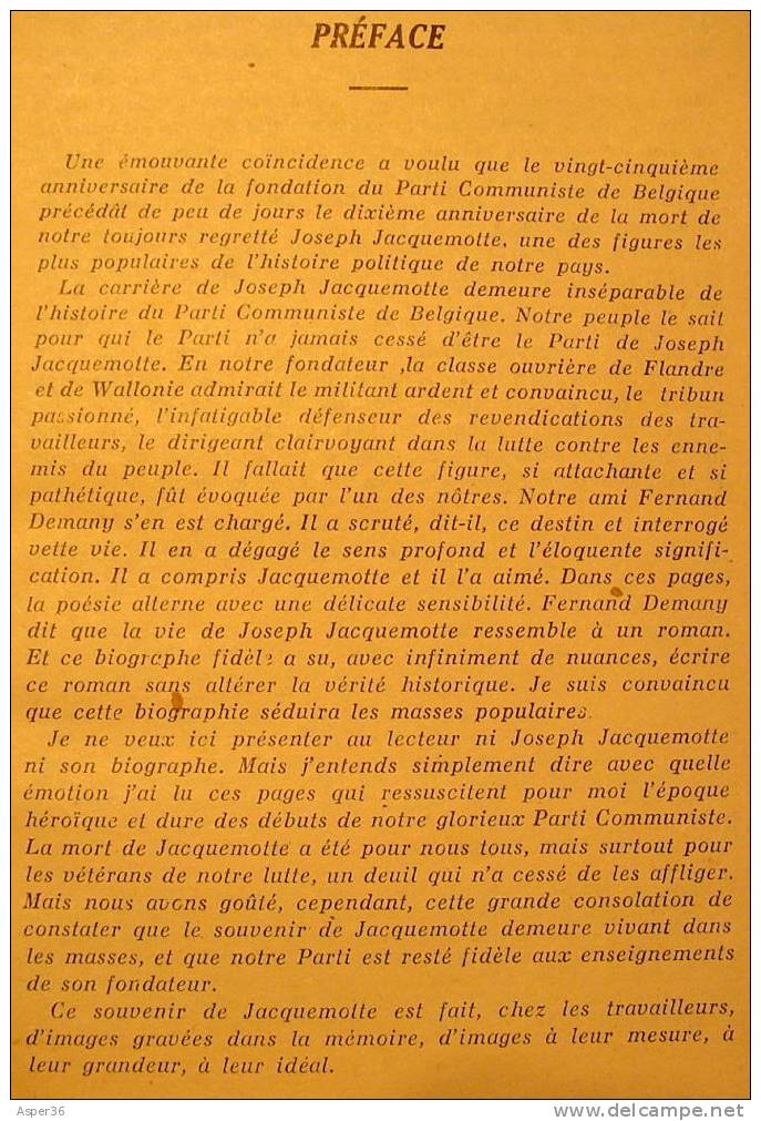 Joseph Jacquemotte, Image D'une Vie, Par Fernand Demany, Préface De Julien Lahaut, 1946 - 1901-1940