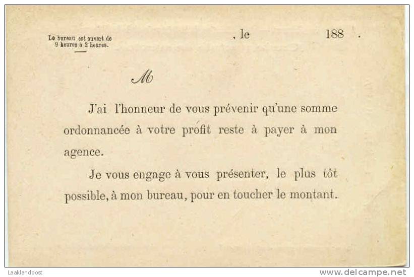 BELGIUM 1880's OFFICIAL POSTCARD FOR MINISTRY OF FINANCE, WITH PRINTED REVERSE RE. MONEY TO BE COLLECTED, UNUSED - Andere & Zonder Classificatie