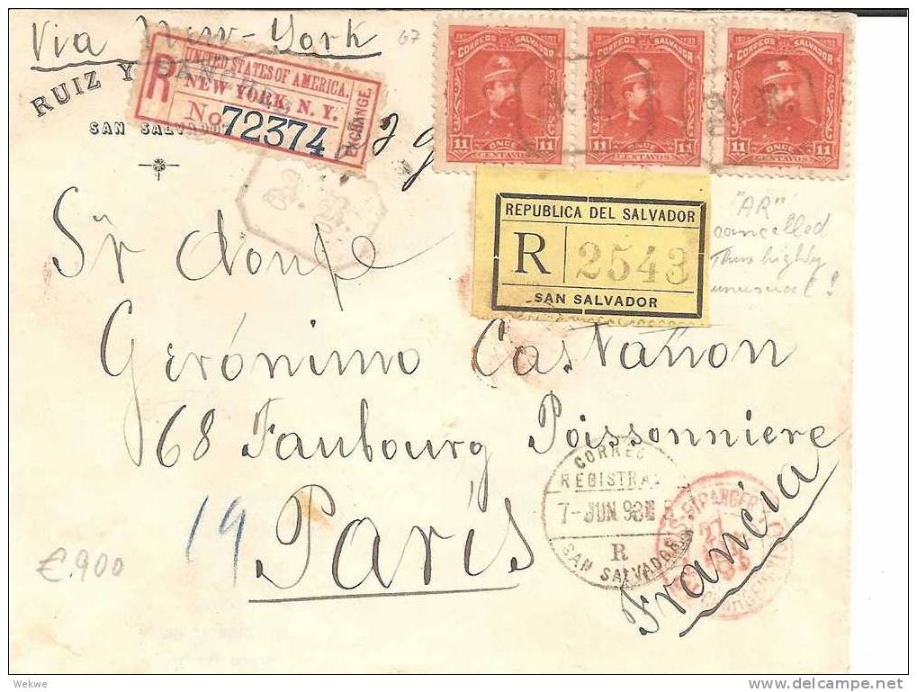 Sal010a/  EL SALVADOR - Brief.  Extrem Seltene Frankatur 1898. Thema Feuer (fire) Nach Paris - Salvador