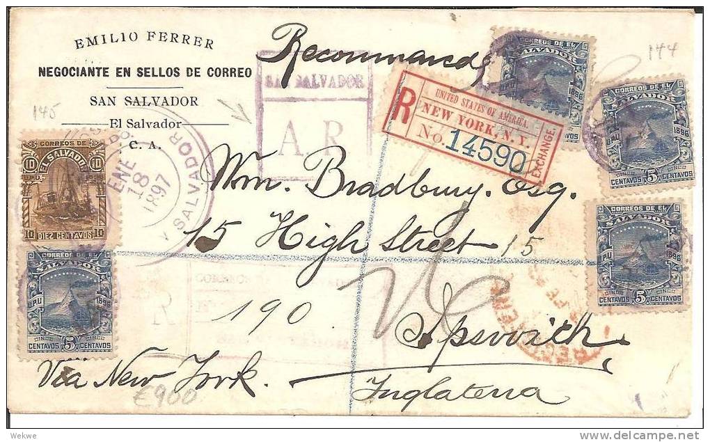 Sal043/ EL SALVADOR -  Seebeck/Vulkan + Dampfer 1897, England (Brief, Cover, Letter, Lettre) - El Salvador