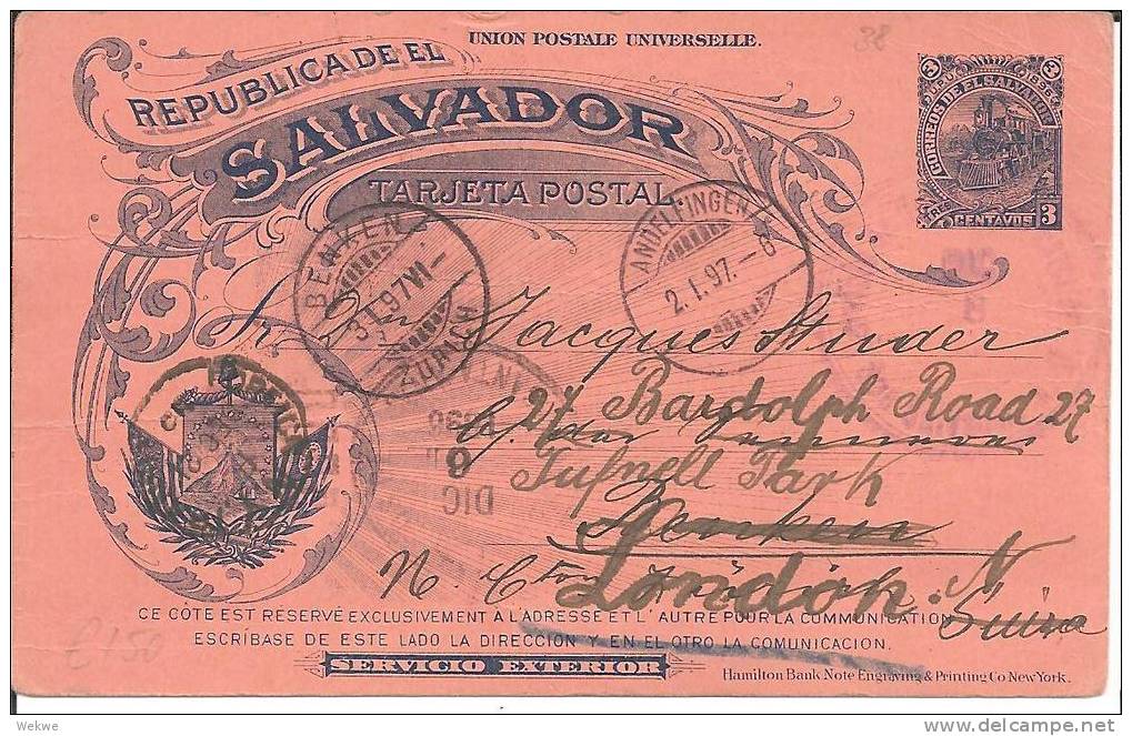 Sal044/ EL SALVADOR -  P 38 Lokomotive 1897, Schweiz, Weiter N. London - El Salvador