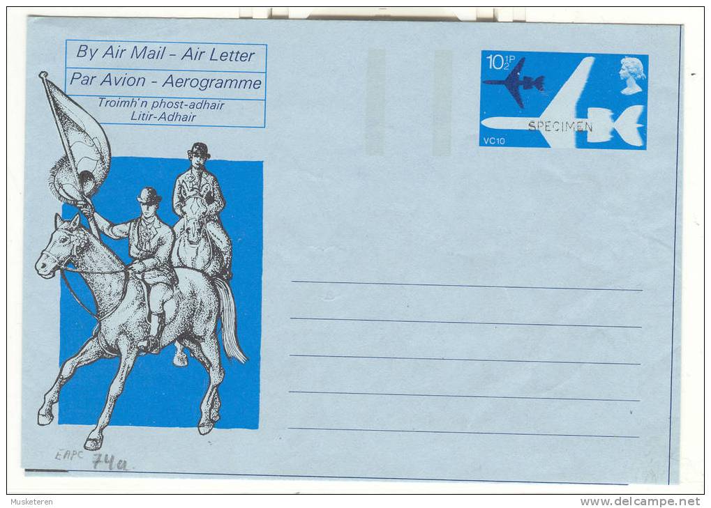 Great Britain Airmail Postal Stationery Aerogramme Cover QEII Overprint SPECIMEN Cachet : Horsemen Riders With Flag Mint - Specimen