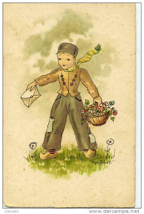 Illustrateur : SCHOTT - ENFANT En Sabot Avec Panier De Fleurs Et Lettre - Autres & Non Classés