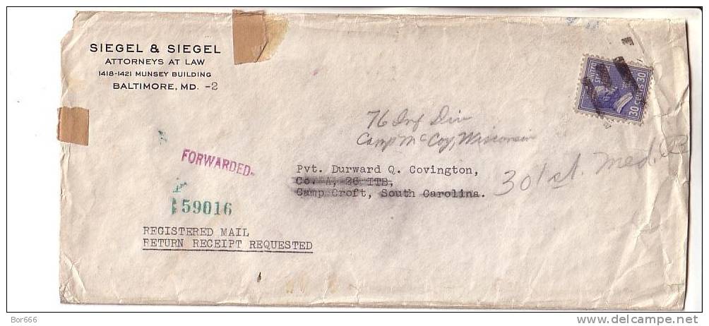 GOOD USA " REGISTERED " Postal Cover 1944 - Nice Stamped: Roosvelt - Received From Custody US Army - Storia Postale