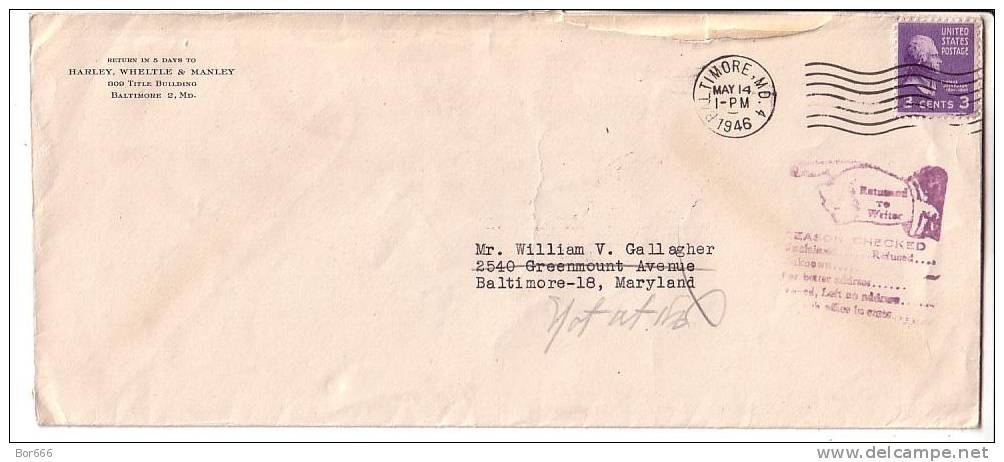 GOOD USA Postal Cover 1946 - Nice Stamped: Jefferson - Return To Sender - Covers & Documents