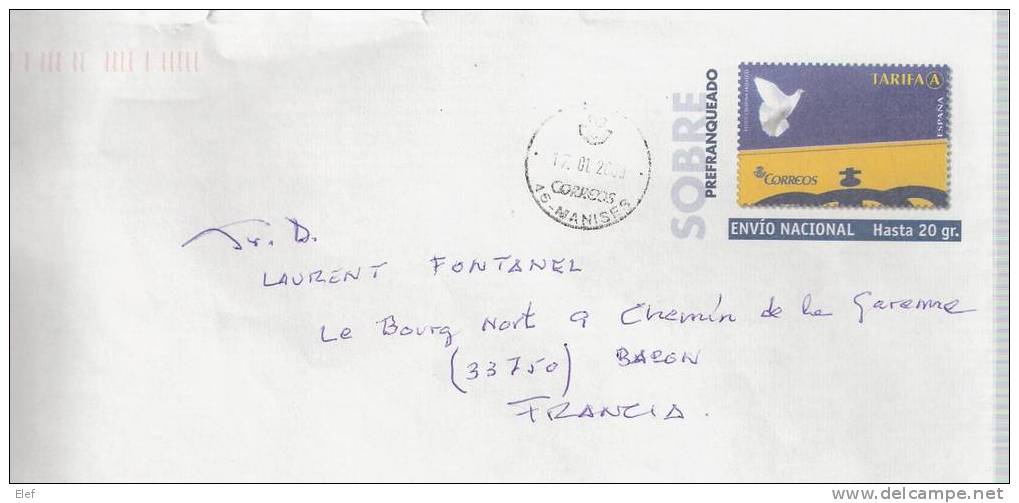 ESPAGNE, Lettre  Entier Postal "PREFRANQUEADO, Envio Nacional Hasta 20g , "; Colombe; 2009 ; TB - 1931-....