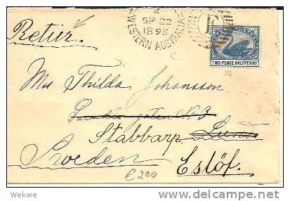 WA003/ AUSTRALIEN - Freemantle To Sweden 1893, Onforwarded And Returned - Cartas & Documentos