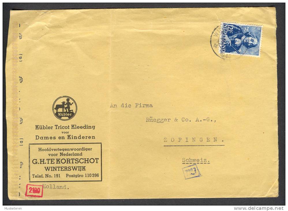 Netherlands G.H.TE KORTSCHOT Winterwijk Commercial Censor Zensur Label Cover 1944 To Switzerland (2 Scans) - Storia Postale