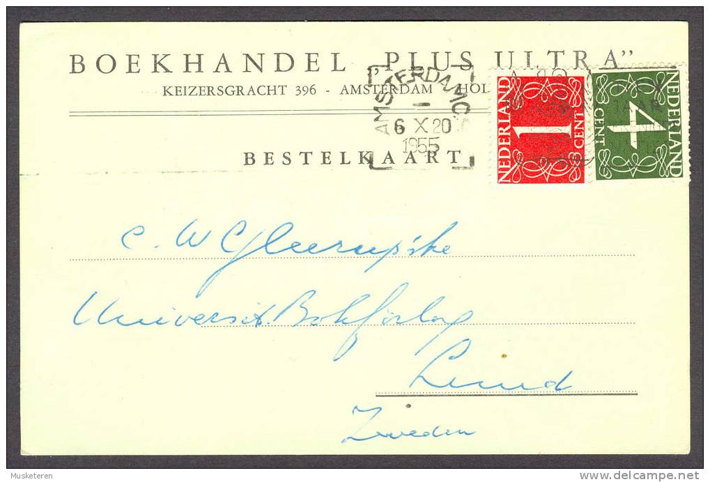 Netherlands Boekhandel "Plus Ultra" Bestelkaart Amsterdam Cancel 1955 Numeral Stamps To Sweden - Storia Postale