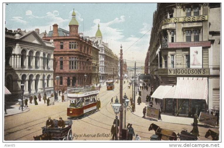 Royal Avenue Belfast Northern Ireland, Streetcar, Businesses Signs Animated Scene On 1910s Vintage Postcard - Antrim