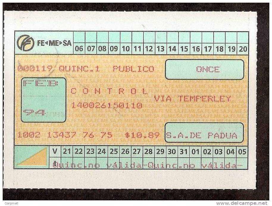 TRAIN - 15 DAYS ARGENTINA SEASON TICKET - BOLETO QUINCENAL FERROVIARIO - FE-ME-SA - Mondo