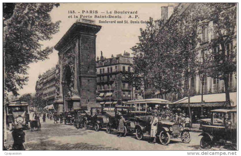 PARIS - Taxis Et Autobus- Bd Et Porte St Denis -TB Plan - Cpa-  Paypal Sans Frais - Transport Urbain En Surface