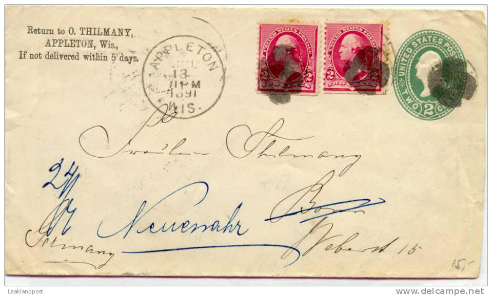 USA Commercial Postal Stationary Uprated Appleton, 13-4-1891 - ...-1900