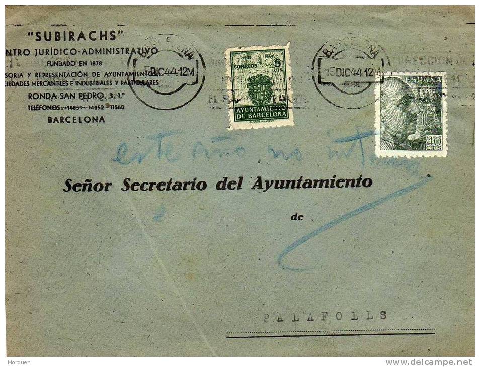 Carta Barcelona 1944. Sello Recargo - Barcelona