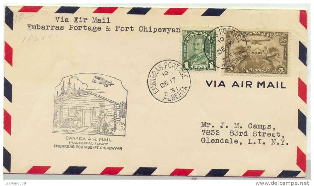 Canada Illustrated Postal Stationary  Flight Embarras Portage-Ft.Chipenyam 10-12-1931 Backside Handstamp Log-cabin - Eerste Vluchten