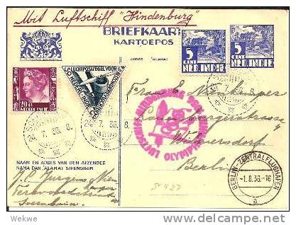 NlI012/- NIEDERL:-INDIEN -  -  Zeppelin Olympiafahrt 1936. Ganzsache + Marken Luftschiff Hindenburg - Niederländisch-Indien