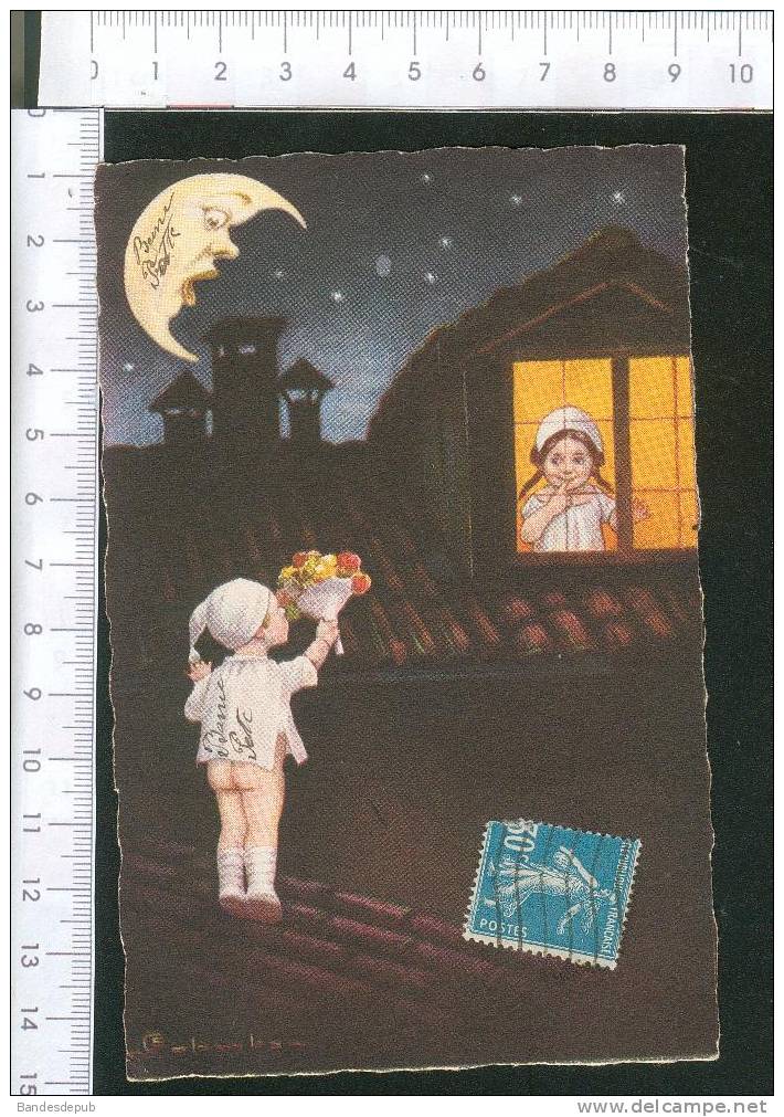 Jolie Carte Illustrée Par Colombo Enfant   Lune Fenêtre Bouquet De Fleurs - Colombo, E.