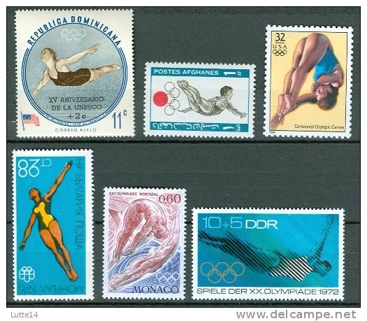 PLONGEON : Lot N°02 De 6 Timbres Différents :  Dominique - USA - Afghanistan - Bulgarie - Monaco - DDR - Plongeon