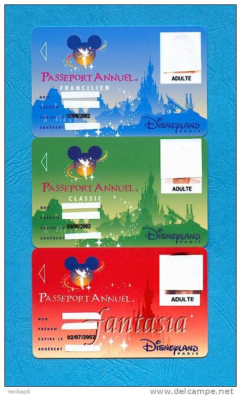 ( 2275 ) -  PASSEPORT - Disneyland  ( 3 Passeport Annuels ) *** TBE ***  -  RARE  - - Pasaportes Disney