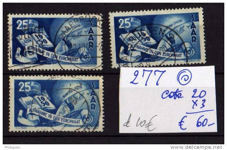 Sarre 1950, Admission Au Conseil De L’Europe, N° 277 Belle Ø   Cote 60 E Le Lot - Used Stamps