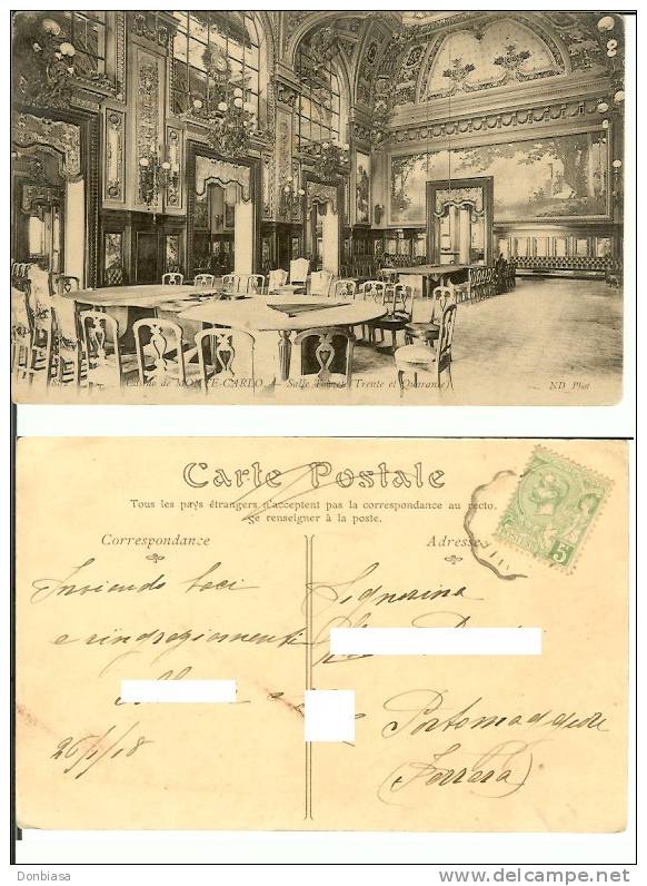 Principauté De Monaco (Monte-Carlo): Casino - Salle Touzet (Trente Et Quarante). CPA Voyagée 1918 (timbre 5 Cent. 1891) - Casino